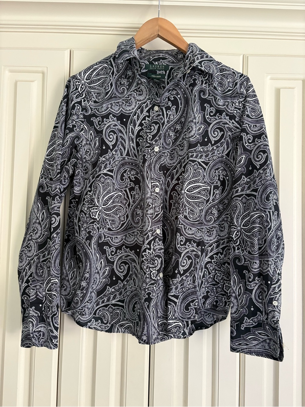 Lauren Ralph Lauren Paisley 100% Cotton Up Button Top Non-Iron Blouse Size Large